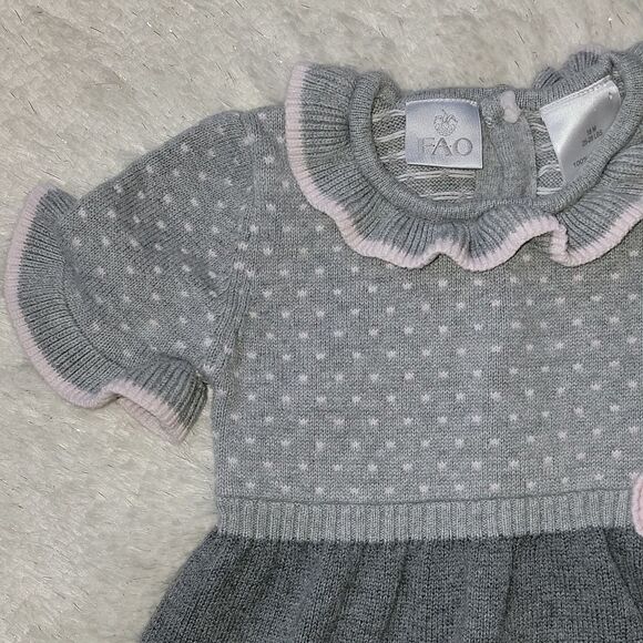 Fao SCHWARZ GRAY & PINK POLKA DOT SHORT-SLEEVE RUFFLED SWEATER DRESS, SZ 18 MOS. - Picture 3 of 9